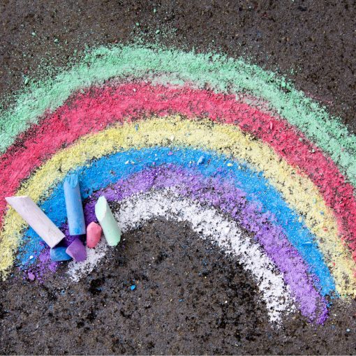 Auf Asphalt gemalter Regenbogen mit Selbstgemachter Sraßenkreide aus Schlämmkreide.