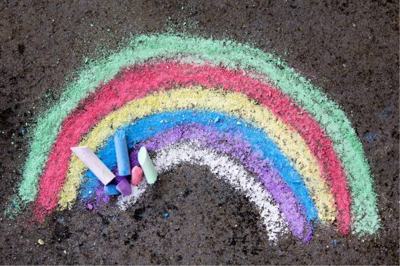 Auf Asphalt gemalter Regenbogen mit Selbstgemachter Sraßenkreide aus Schlämmkreide.